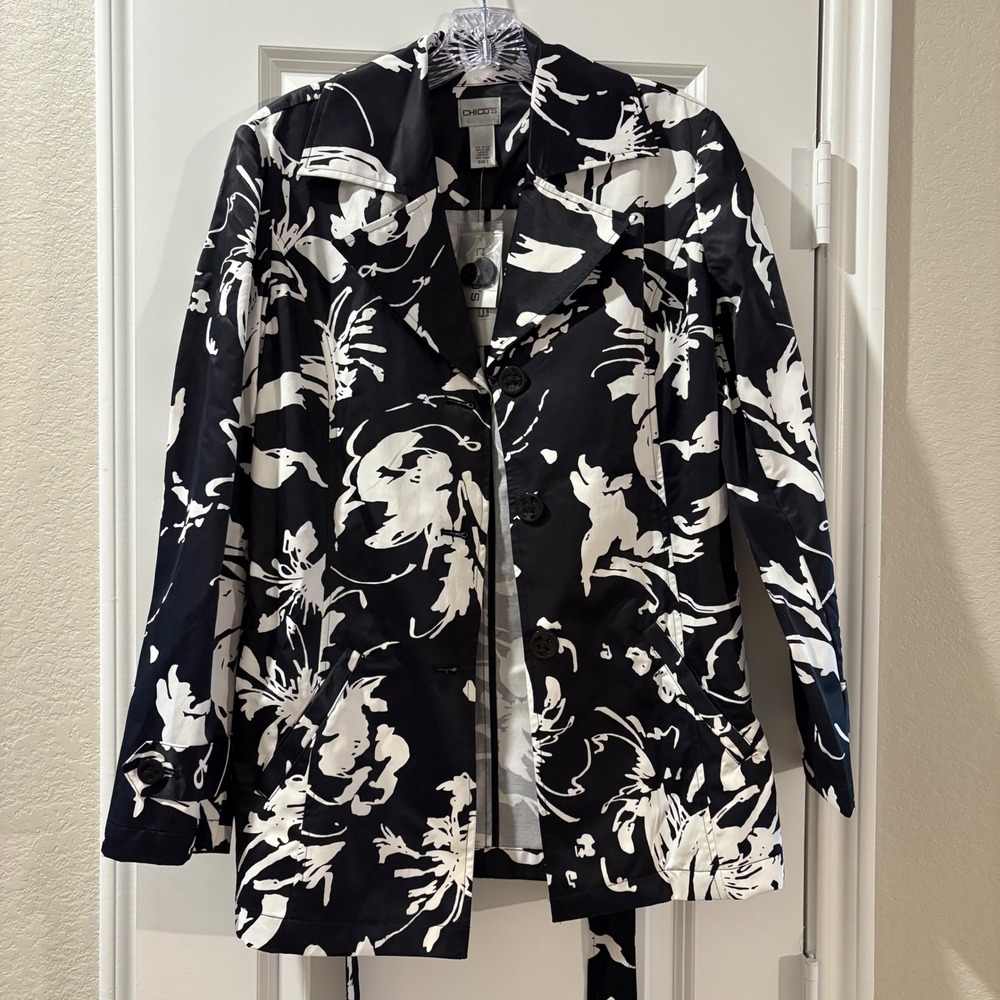 Chicos Brushstrokes Celesta Trench Coat Black White Floral Womens Jacket